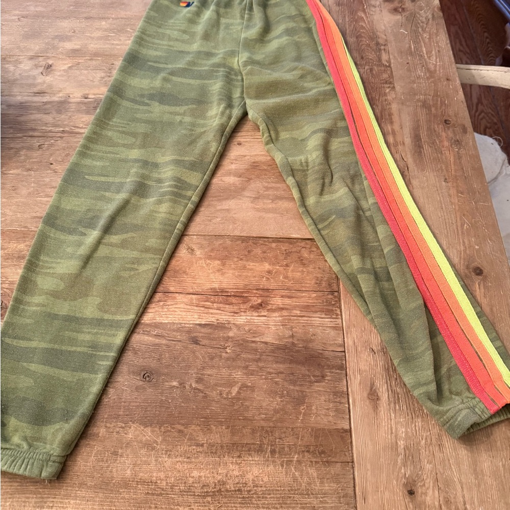 Aviator Nation Size 14 Kids Olive Green Camo Joggers with Rainbow Side Stripe